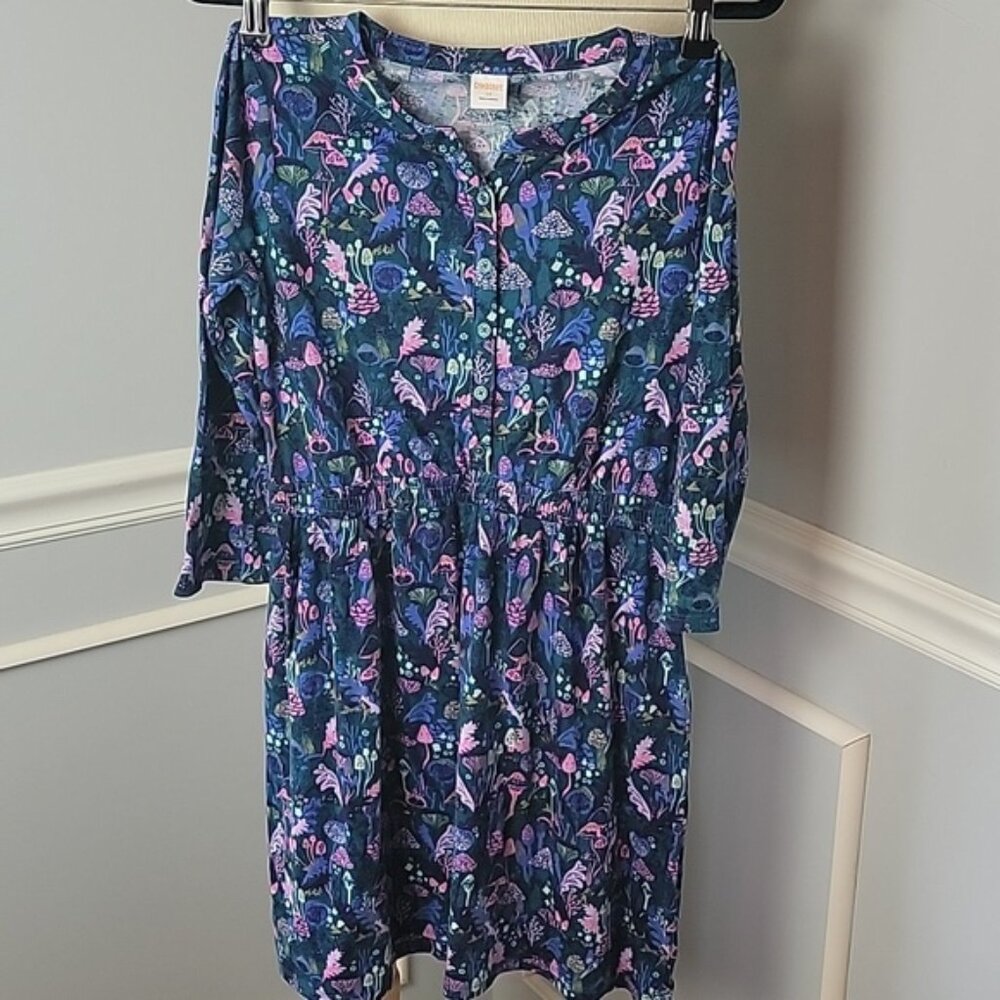 GYMBOREE Mushroom Fairy Print Half Button Elastic Waist Cottage Boho Dress Sz 12